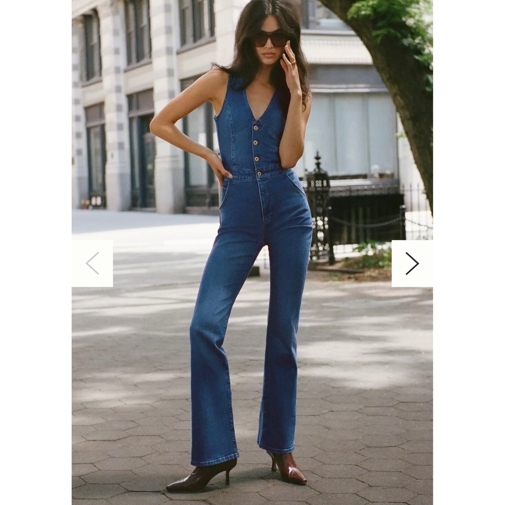 Pilcro Denim Jumpsuit Women 8 Blue Boho Retro 70s Flare Button Front Sleeveless